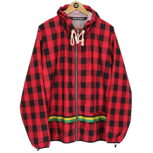 Palm Angels Red and Black Buffalo Check Full Zip Hooded Jacket