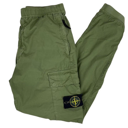 Stone Island green cargo trousers with logo patch and multiple pockets.