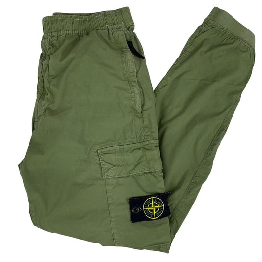 Stone Island green cargo trousers with logo patch and multiple pockets.