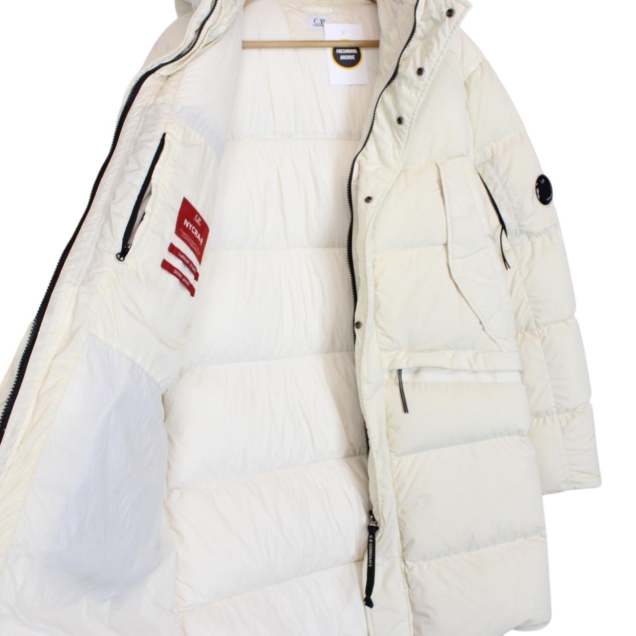 CP Company Cream Nycra-R Full Zip Lens Down Hooded Puffer Coat