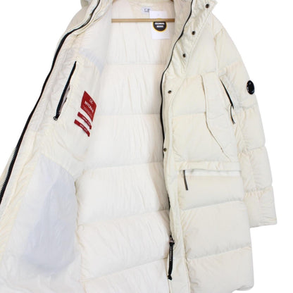 CP Company Cream Nycra-R Full Zip Lens Down Hooded Puffer Coat
