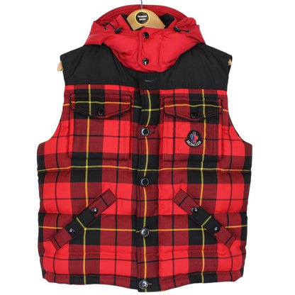 Moncler Red and Black Tartan Check Amirage Wool Down Gilet / Bodywarmer