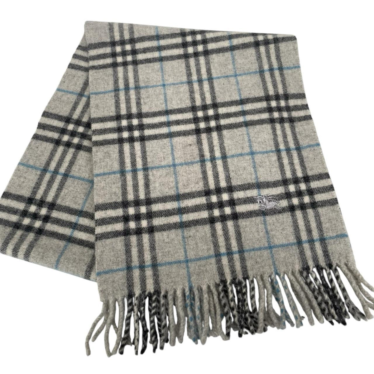 Burberry grey lambswool scarf featuring classic Nova Check pattern and frayed edges.