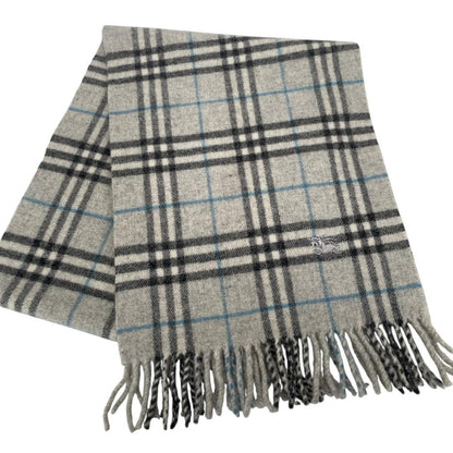 Burberry grey lambswool scarf featuring classic Nova Check pattern and frayed edges.