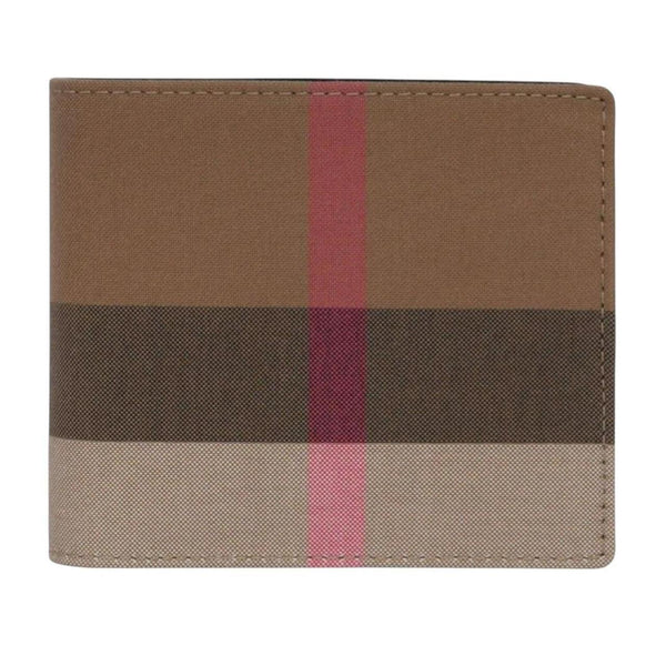 Burberry bifold wallet tan brown Nova Check pattern with logo detail.