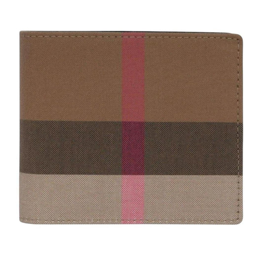 Burberry bifold wallet tan brown Nova Check pattern with logo detail.