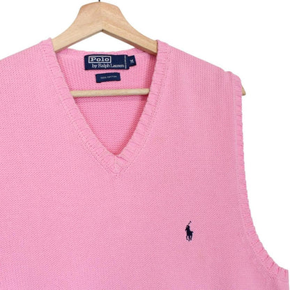Polo Ralph Lauren pink cotton sweater vest with embroidered logo and ribbed hem.