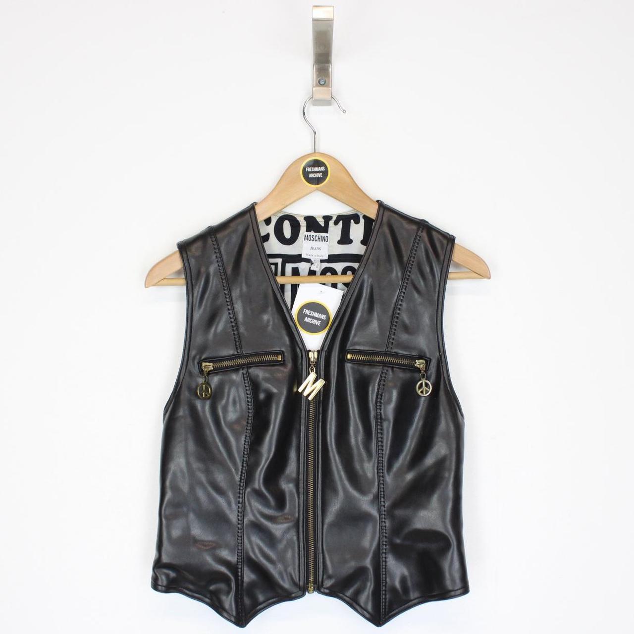 Vintage 90s Moschino Peace and Love Black Faux Leather 2 Piece Vest and Shorts