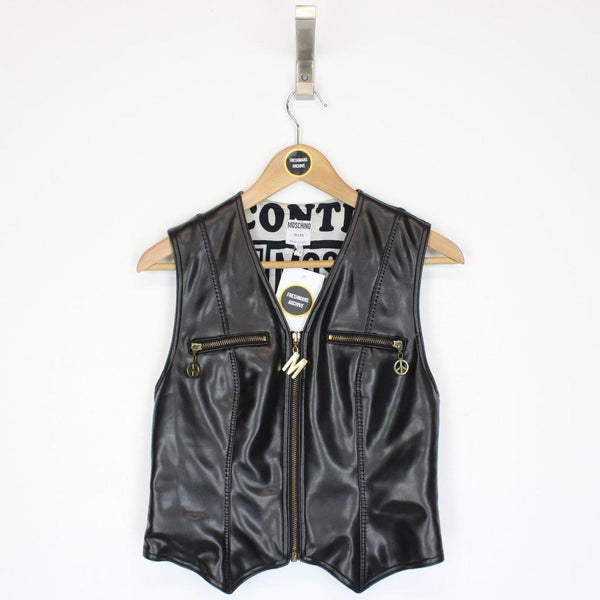 Vintage 90s Moschino Peace and Love Black Faux Leather 2 Piece Vest and Shorts