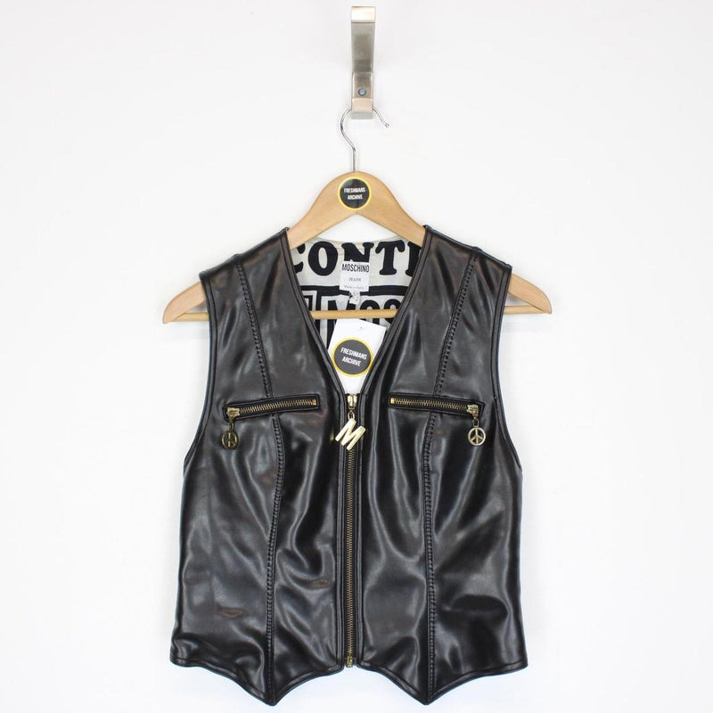 Vintage 90s Moschino Peace and Love Black Faux Leather 2 Piece Vest and Shorts
