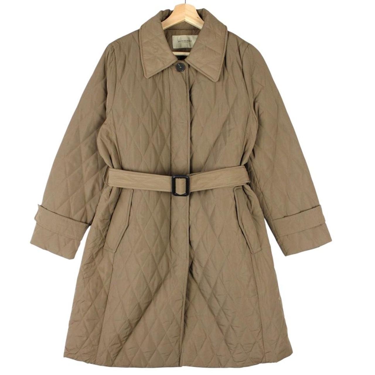 Burberry tan brown belted coat with diamond quilted pattern and logo detailing.