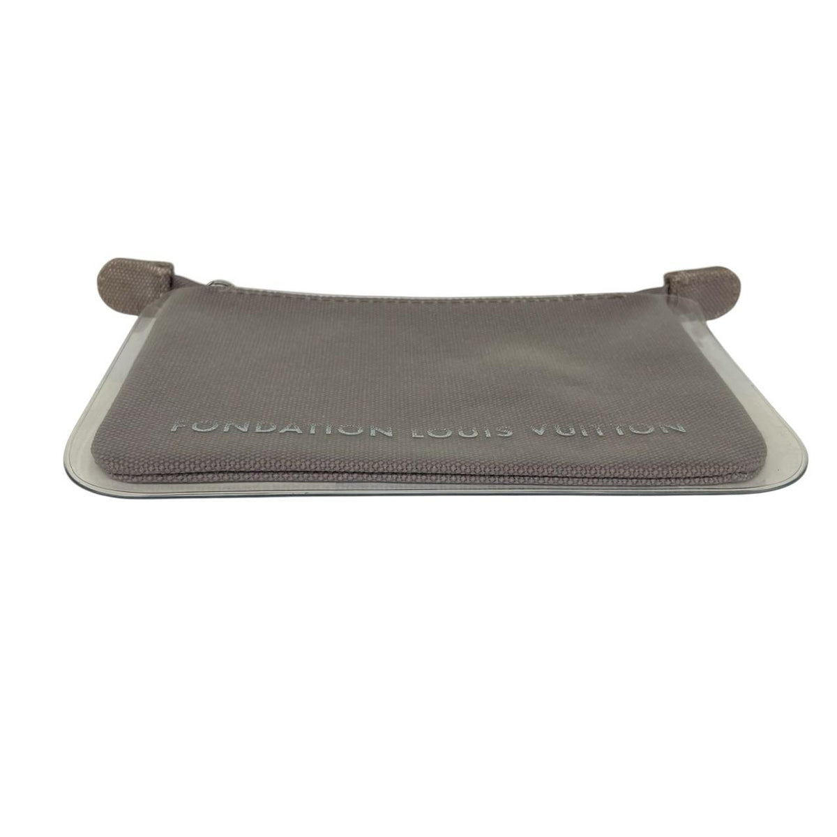Louis Vuitton grey PVC clutch pouch with logo print and minor wear marks.