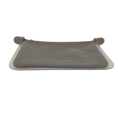 Louis Vuitton grey PVC clutch pouch with logo print and minor wear marks.