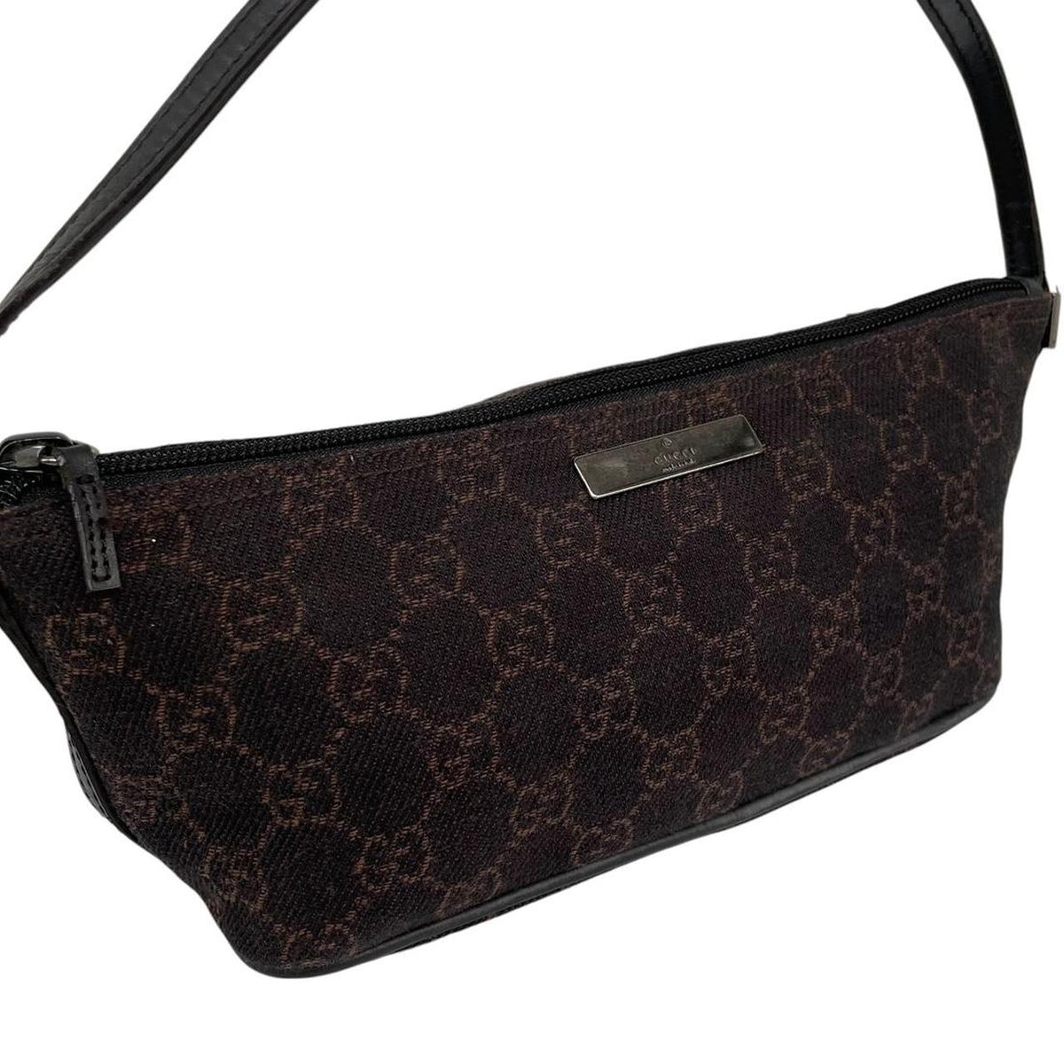 Gucci black and brown GG monogram canvas mini boat pochette bag with metal logo.
