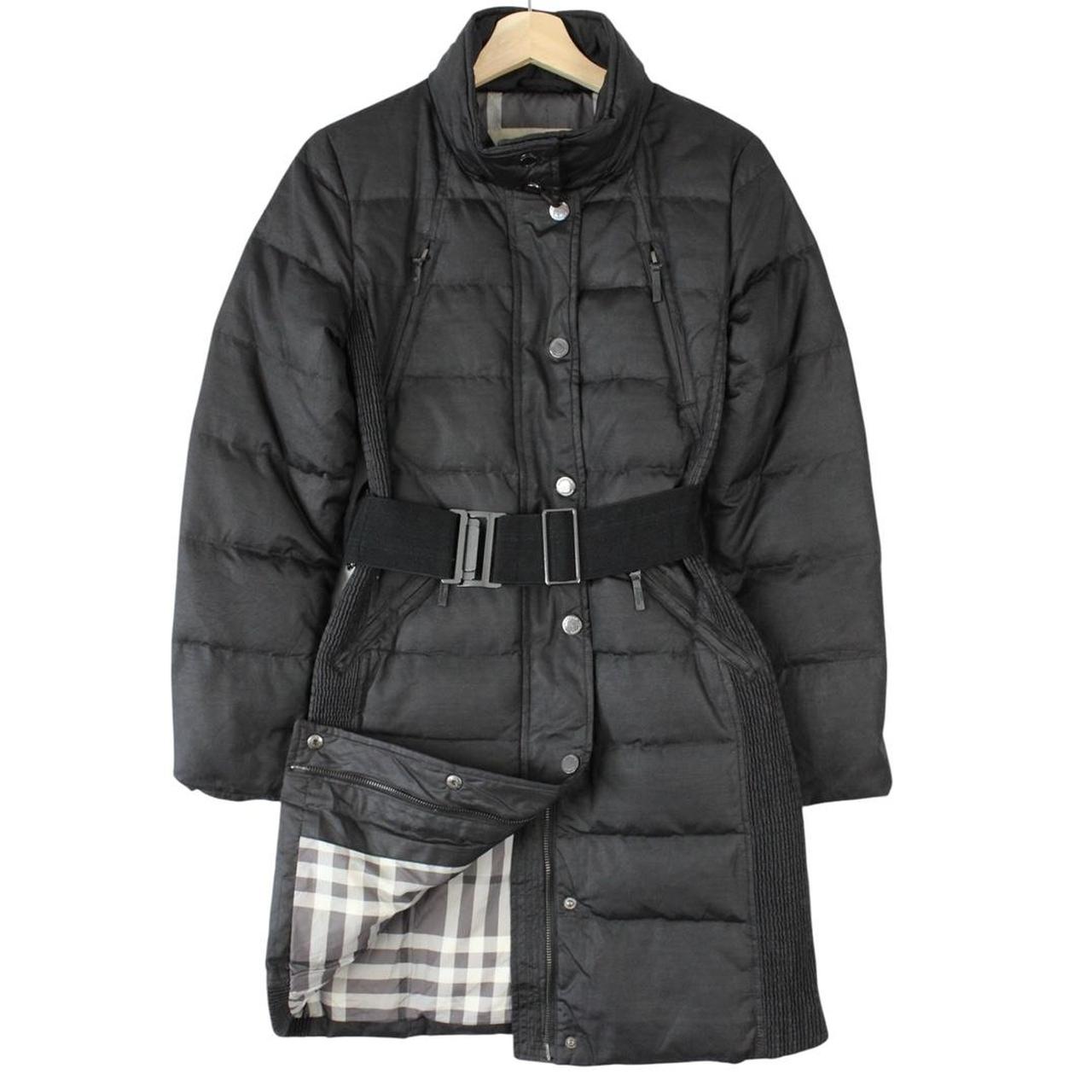 Burberry black puffer coat with Nova Check pattern and belted waist detail.