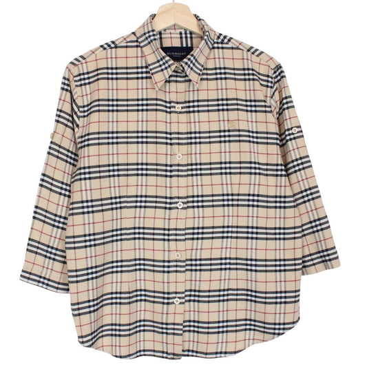 Vintage Burberry London Beige Nova Check 3/4 Sleeve Cotton Shirt