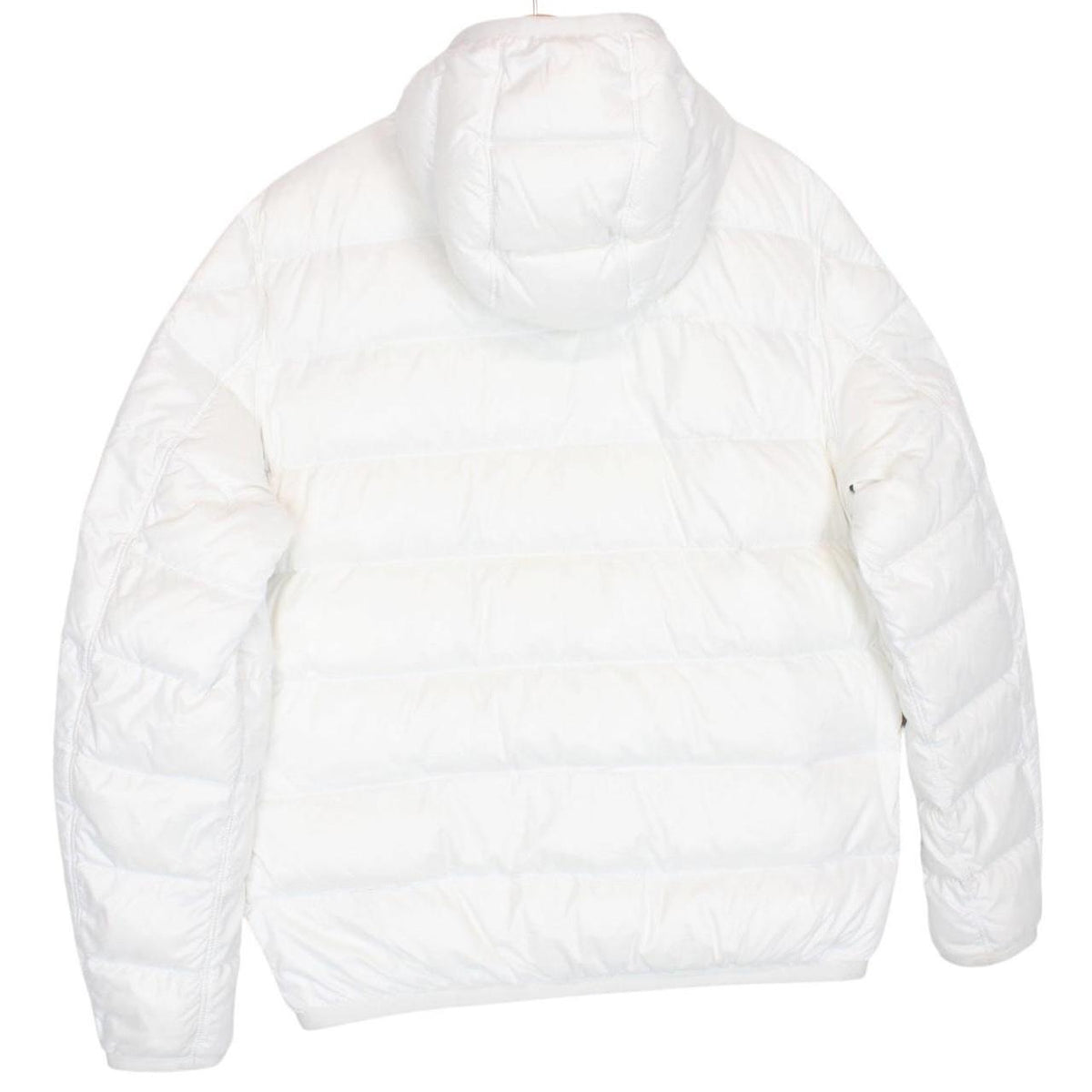 Moncler white and silver reversible down jacket with full zip and hood.