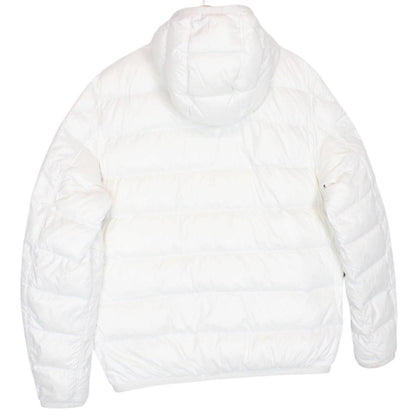 Moncler white and silver reversible down jacket with full zip and hood.