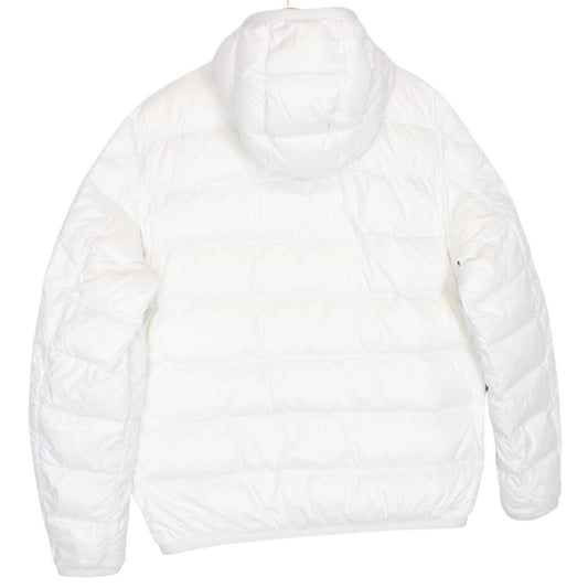 Moncler white and silver reversible down jacket with full zip and hood.