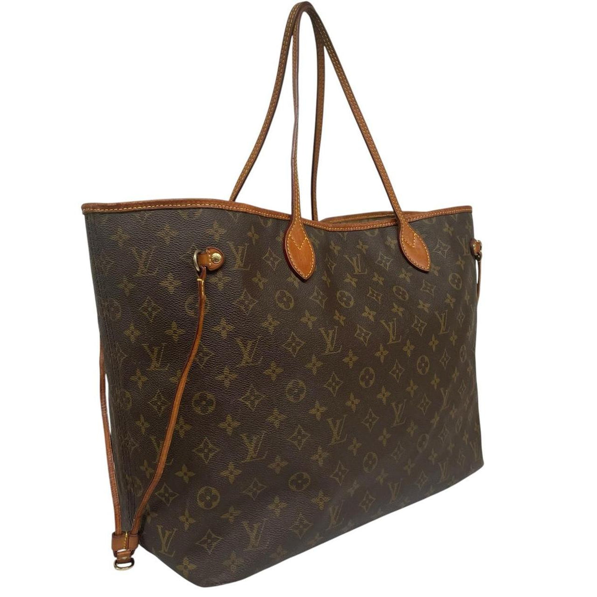 Louis Vuitton brown tote bag with monogram canvas and leather accents, pre-loved condition.