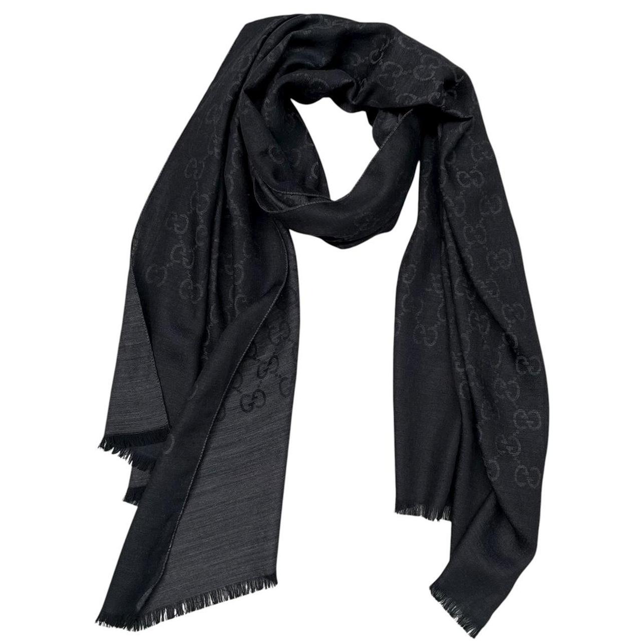 Gucci Black and Grey GG Monogram Frayed Wool Shawl Scarf