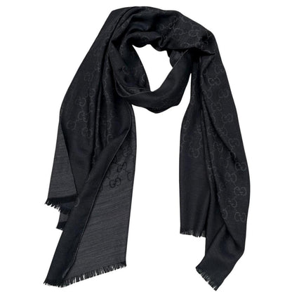 Gucci Black and Grey GG Monogram Frayed Wool Shawl Scarf