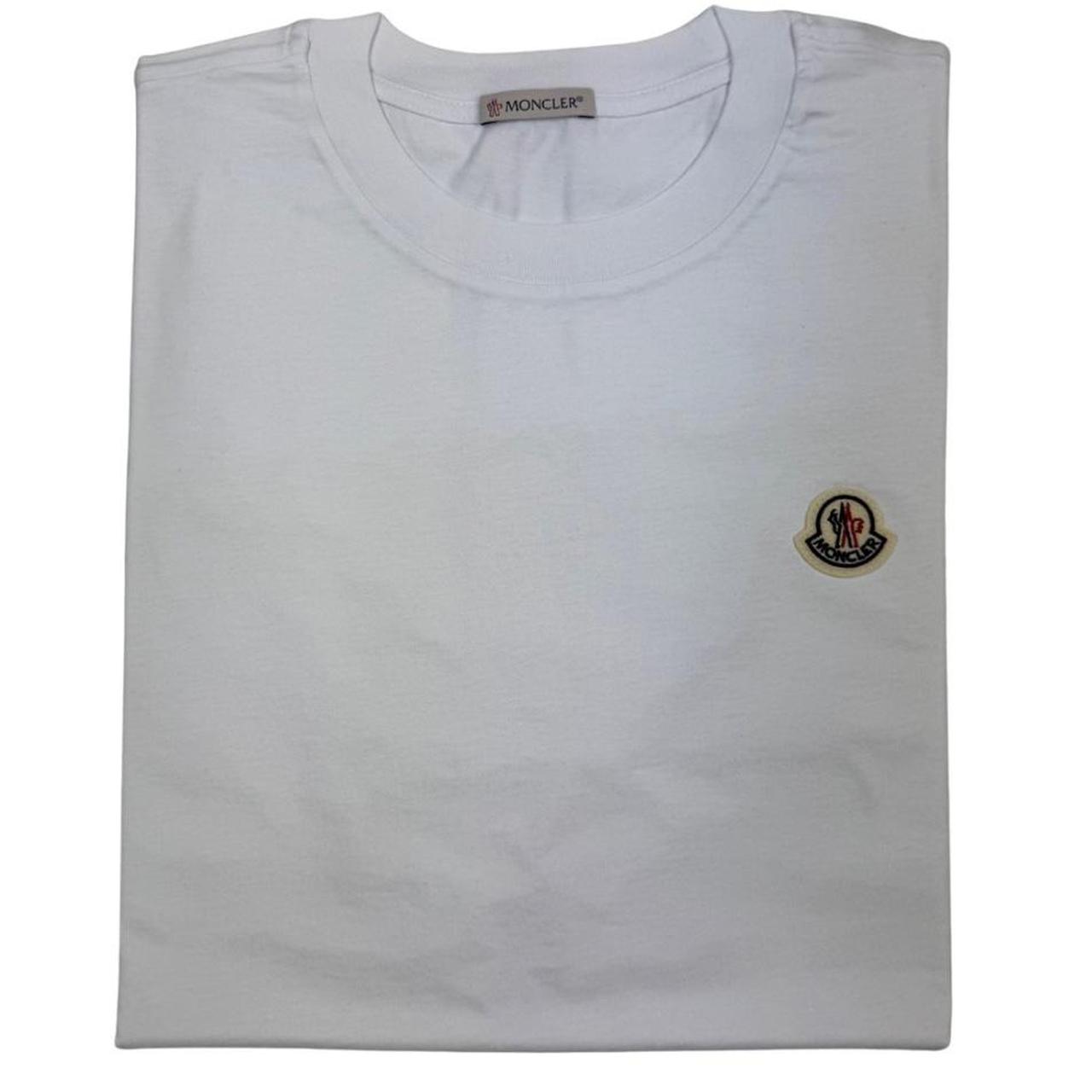 Moncler pocket t-shirts in black, grey, and white with patch logo details.