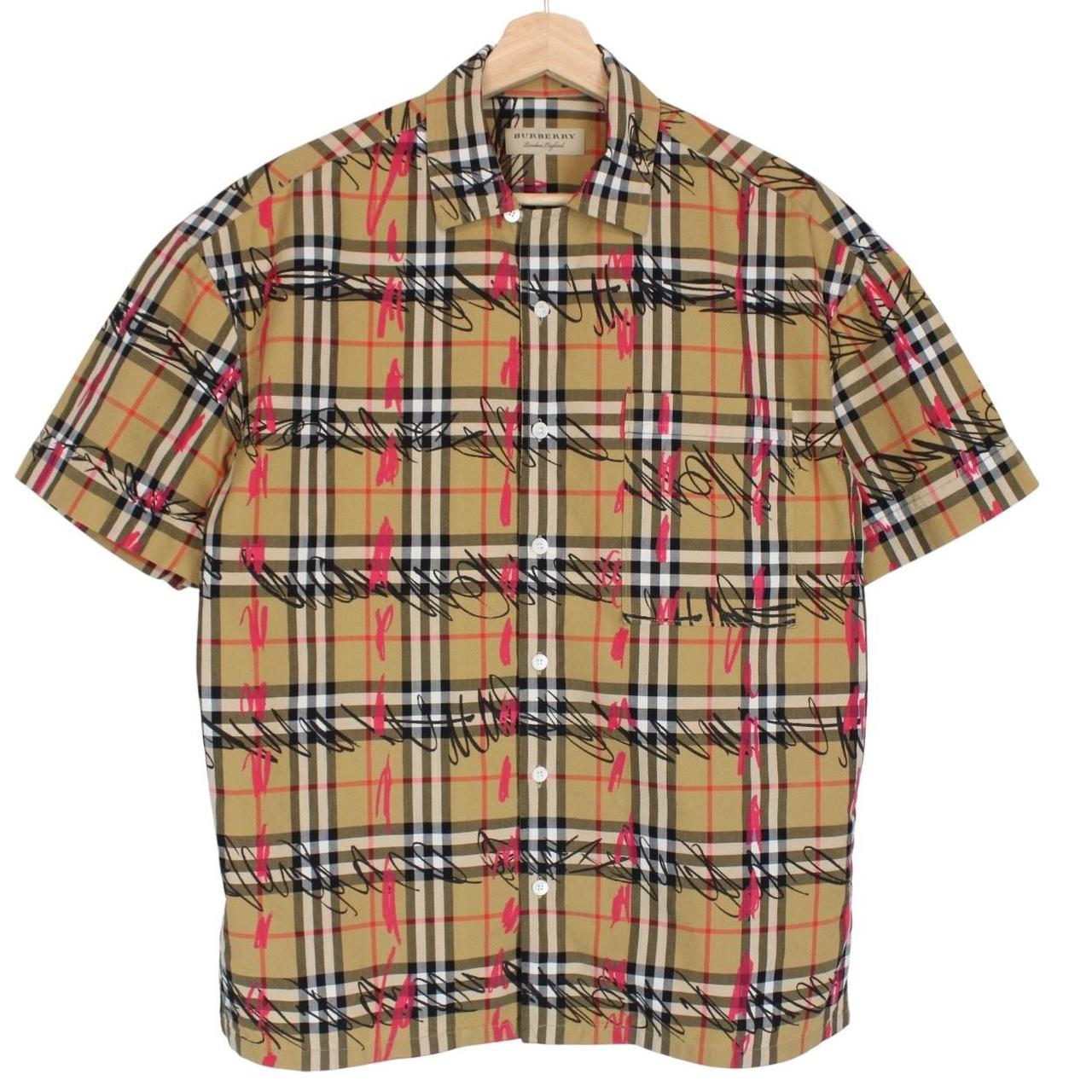 Burberry Tan Brown Scribble Nova Check Short Sleeve Cotton Shirt