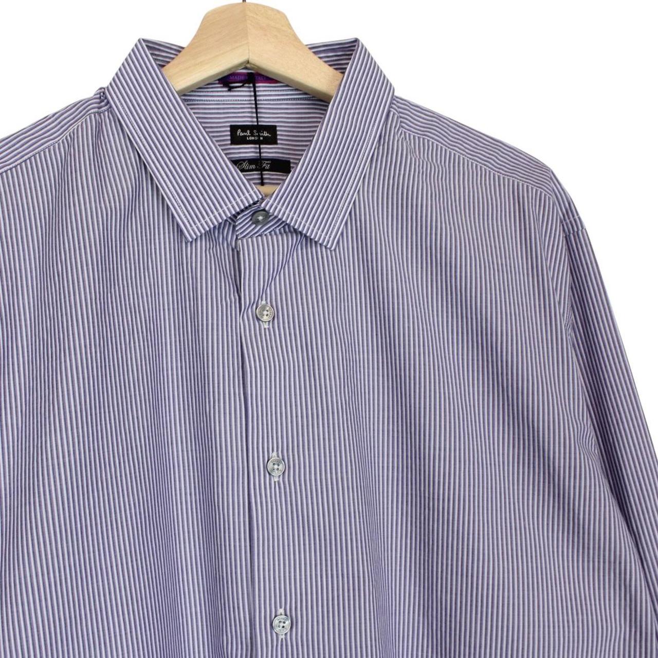 Paul Smith purple and white striped long sleeve cotton shirt with tags attached.