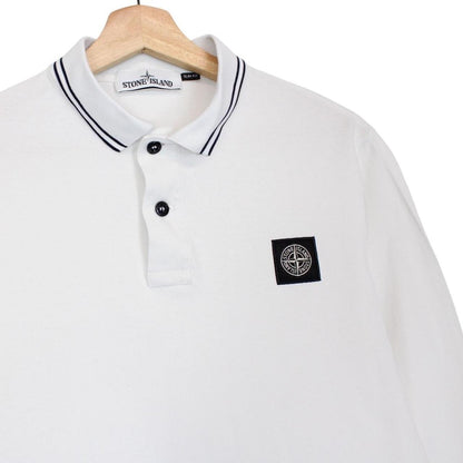 Stone Island white long sleeve polo shirt with compass logo and slim fit design.