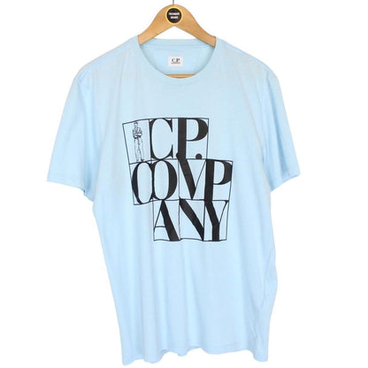 CP Company Light Blue and Black Block Man Logo Short Sleeve T-Shirt