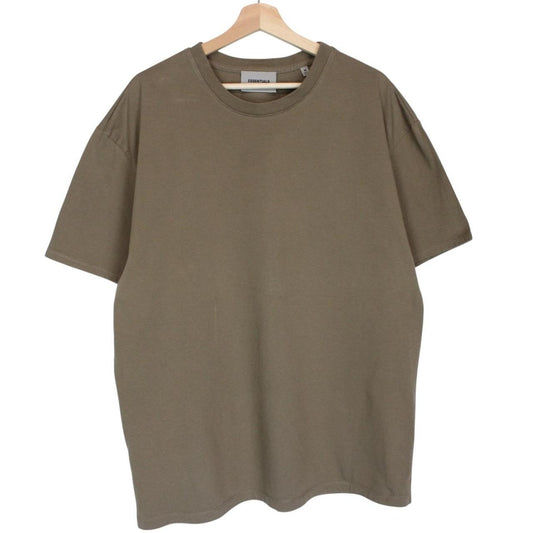 Essentials khaki brown short sleeve t-shirt with logo print and pocket detail.