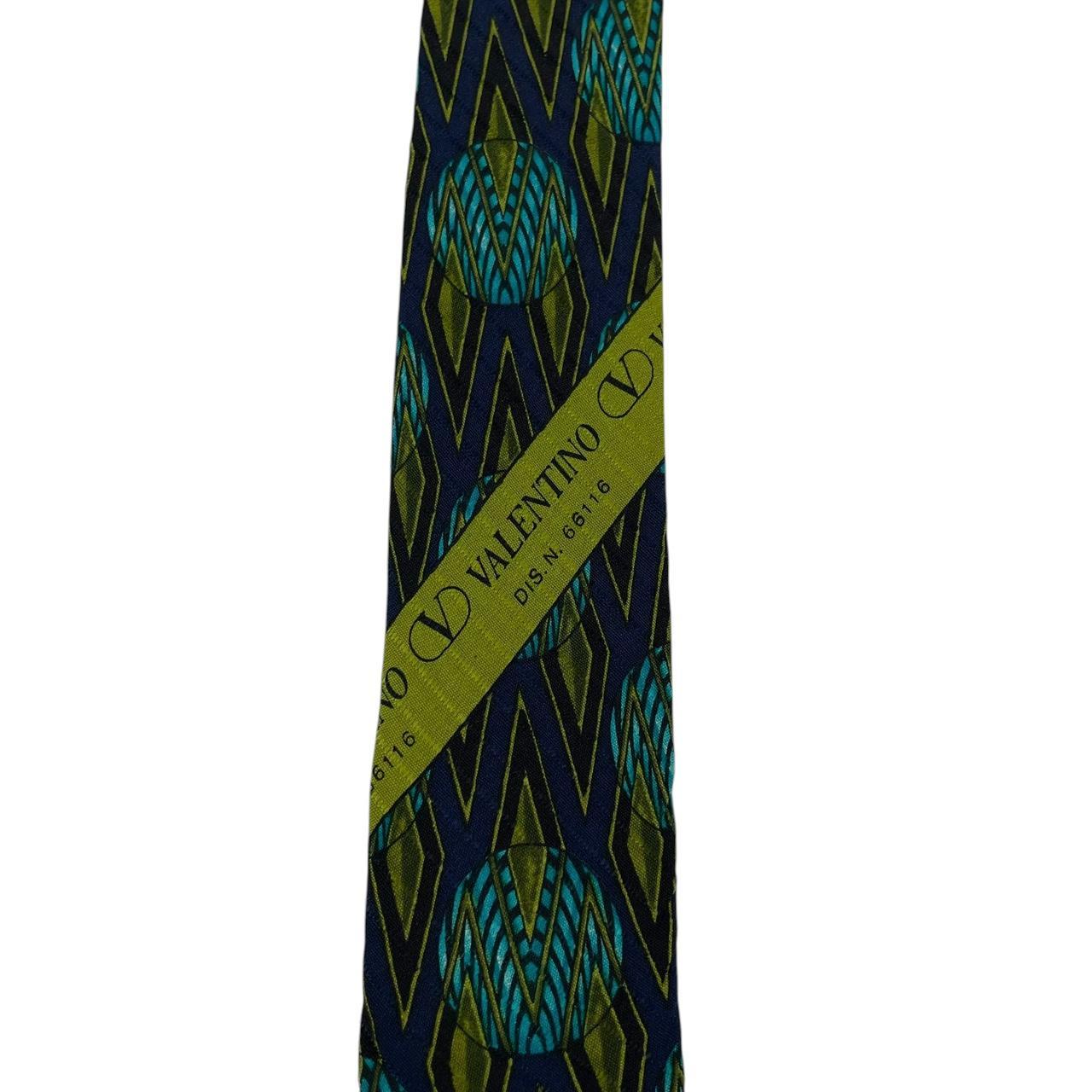 Vintage Valentino Green and Navy Blue Geometric Pattern Silk Tie