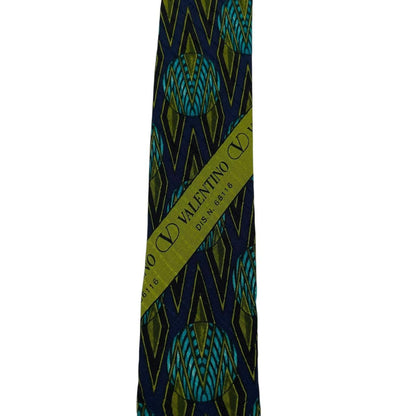 Vintage Valentino Green and Navy Blue Geometric Pattern Silk Tie