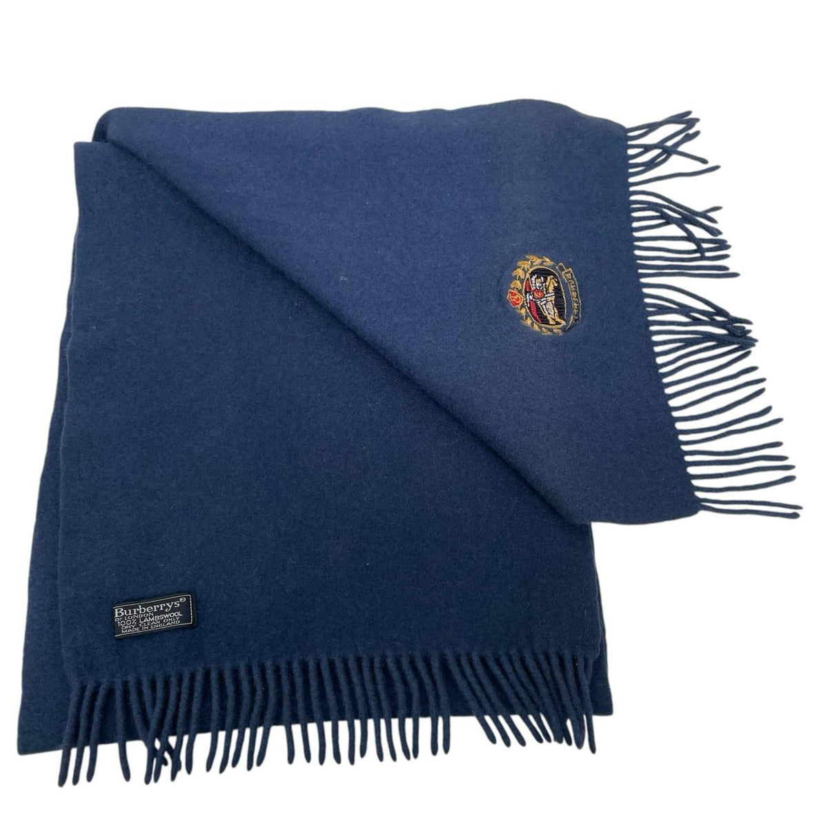 Burberry blue lambswool scarf with embroidered logo and vintage 90s design.