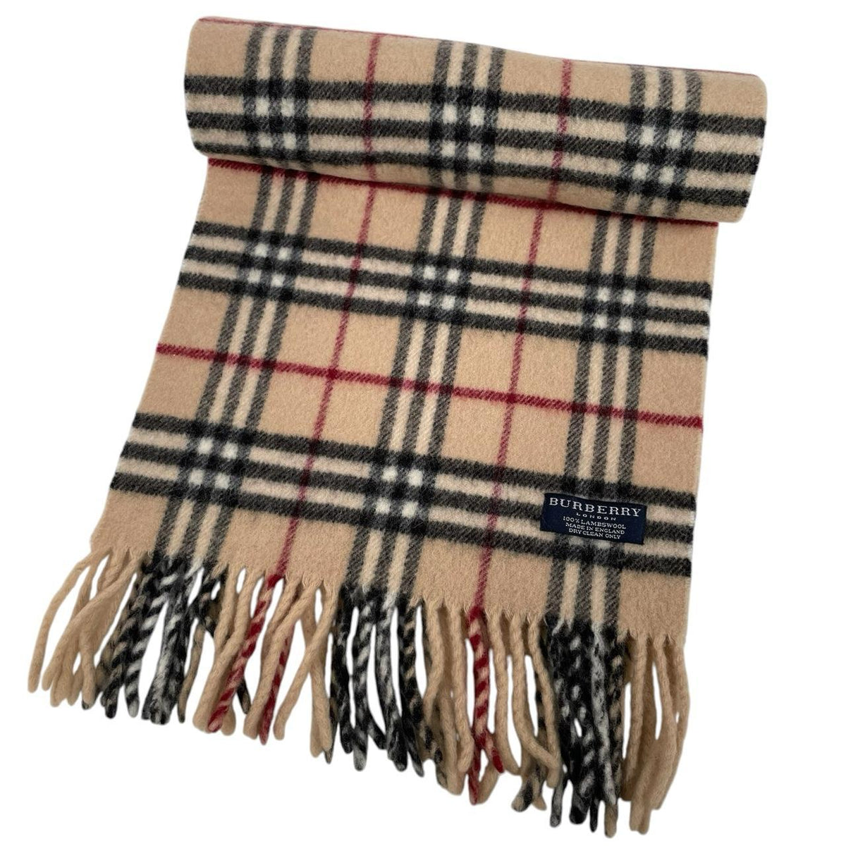 Burberry beige lambswool scarf featuring classic Nova Check pattern and soft texture.