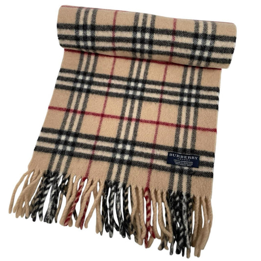 Burberry beige lambswool scarf featuring classic Nova Check pattern and soft texture.