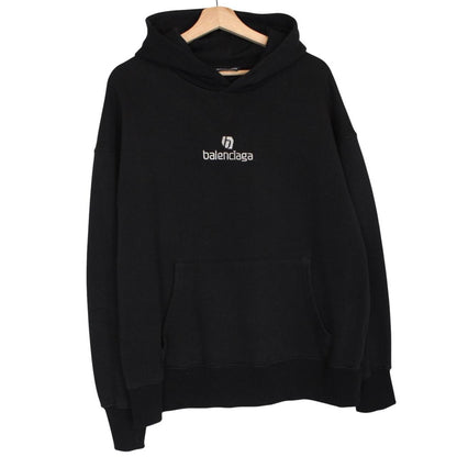 Balenciaga black and white cotton hoodie with sponsor logo and large fit.