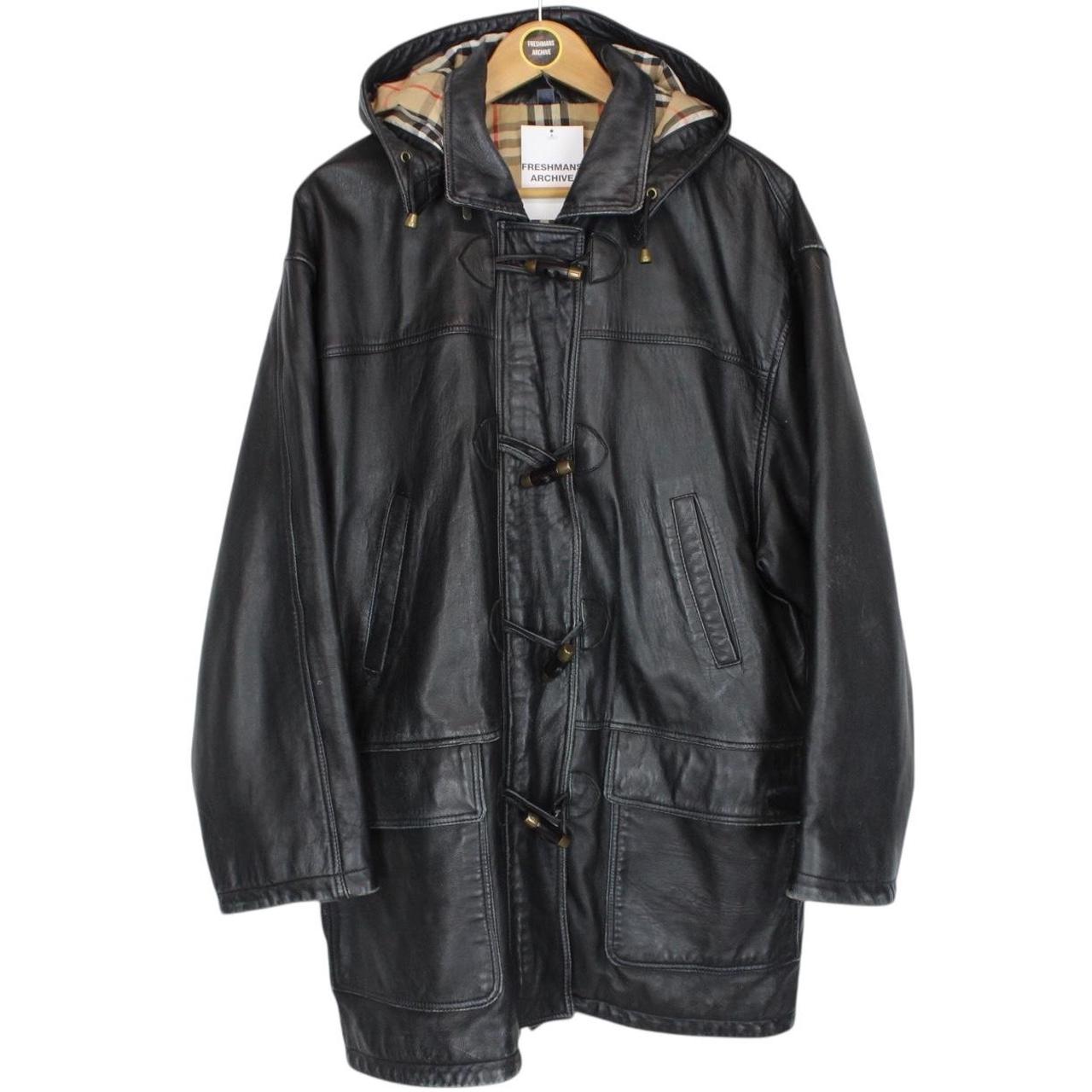Vintage 90s Burberry Black Nova Check Lined Leather Duffle Coat