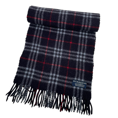 Burberry navy blue lambswool scarf with classic Nova Check pattern.