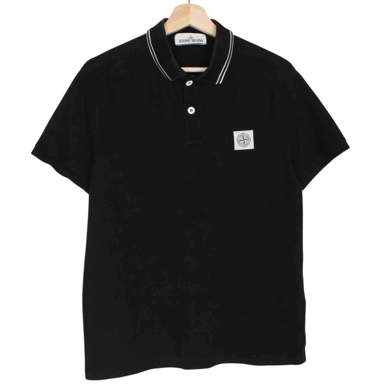 Stone Island black polo shirt with embroidered compass logo and cotton material.