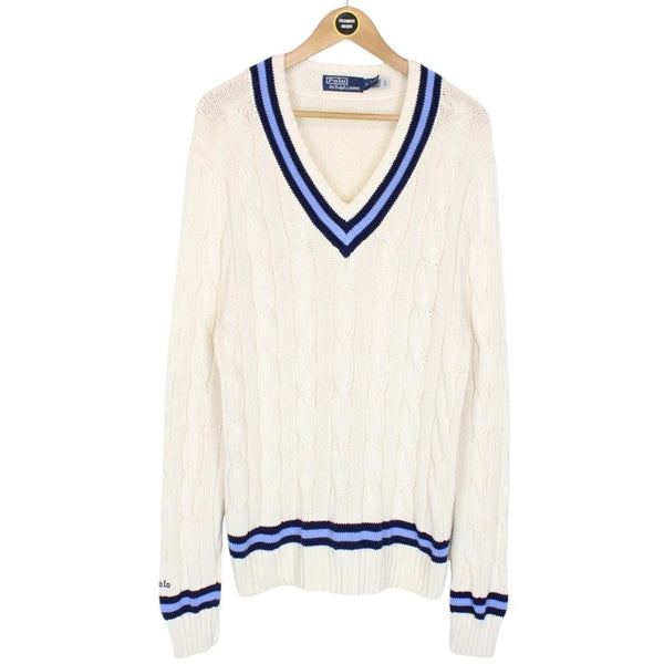 Polo Ralph Lauren Cream and Blue The Iconic Cricket Cotton Cable Knit Jumper