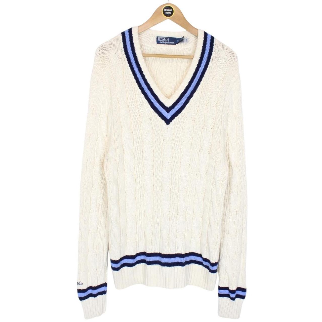 Polo Ralph Lauren Cream and Blue The Iconic Cricket Cotton Cable Knit Jumper