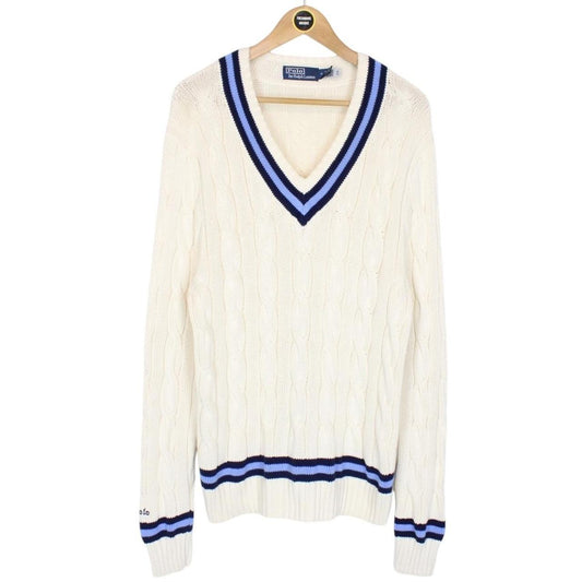 Polo Ralph Lauren Cream and Blue The Iconic Cricket Cotton Cable Knit Jumper