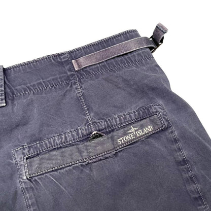 Stone Island navy blue Bermuda shorts with logo patch and cotton material.