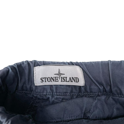 Stone Island navy blue cargo shorts with logo patch and cotton material.