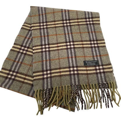 Burberry green lambswool scarf featuring iconic Nova Check pattern.