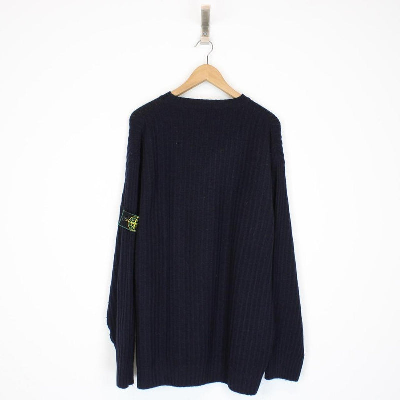 Vintage 1992 Stone Island Navy Blue Ribbed Green Edge Badge Wool Knit Jumper