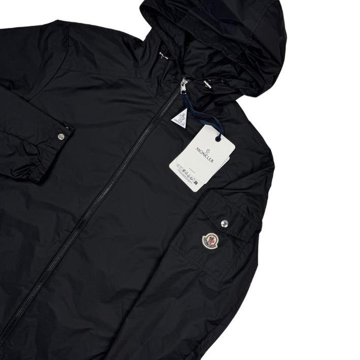 Moncler black windbreaker jacket, full zip, hooded, nylon material, logo on chest.
