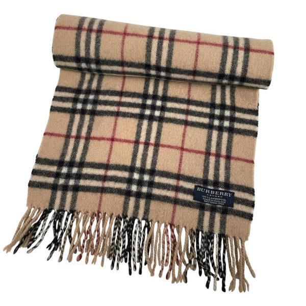 Burberry beige lambswool scarf featuring classic Nova Check pattern and logo.